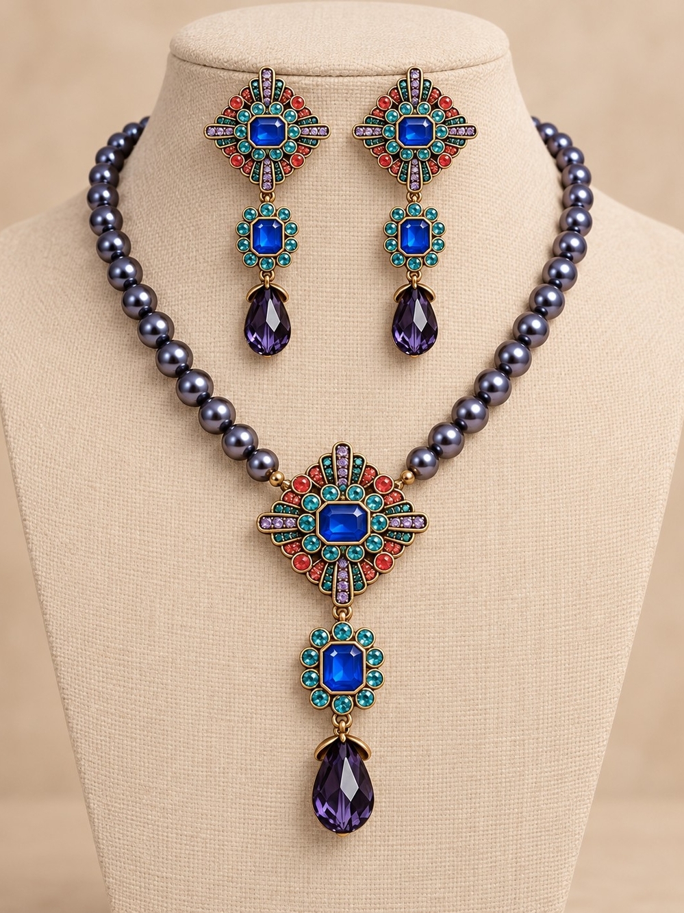 Multicolor Gem Pendant Necklace & Earring Set Blue, Purple, Turquoise